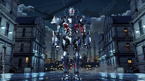 Humanoid Robot, Metallic & Graffiti Urban Landscape at Night for Commentary on Technology Integration