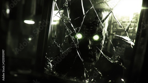 Glowing Eyes Behind Broken Glass. photo