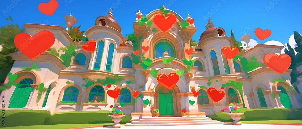 Obraz premium Romantic mansion with floating hearts.