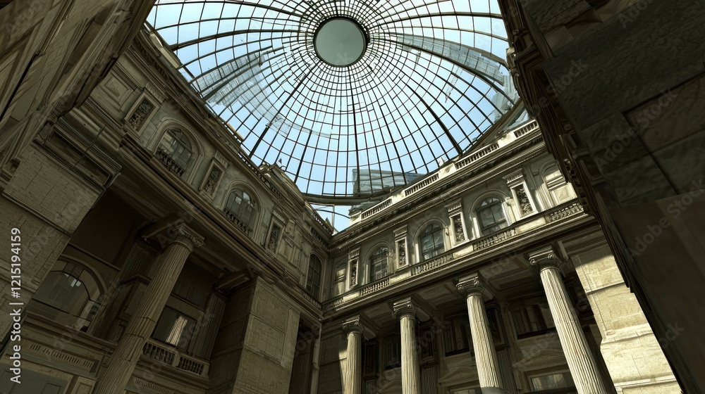 Glass dome atrium, city view, classical architecture, interior design, sunlight Glass dome atrium, city view, classical architecture, interior design, sunlight