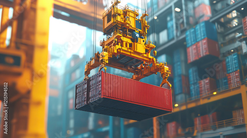 A container crane is actively lifting a red cargo box at a bustling port, facilitating the transportation of merchandise between large cargo ships and shore