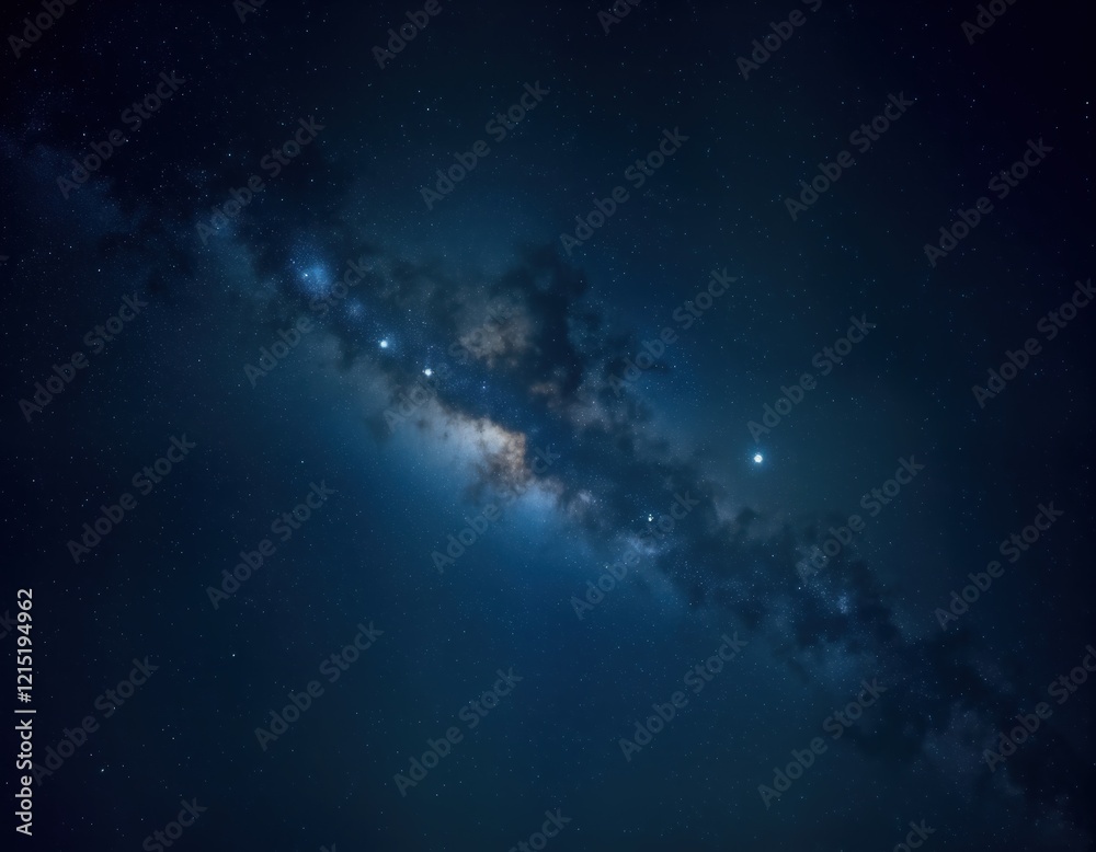Fototapeta premium Deep space night sky full of twinkling stars. Milky way galaxy glows beautifully across dark blue background. Cosmic view of universe in high quality astrophotography. Ideal for space exploration