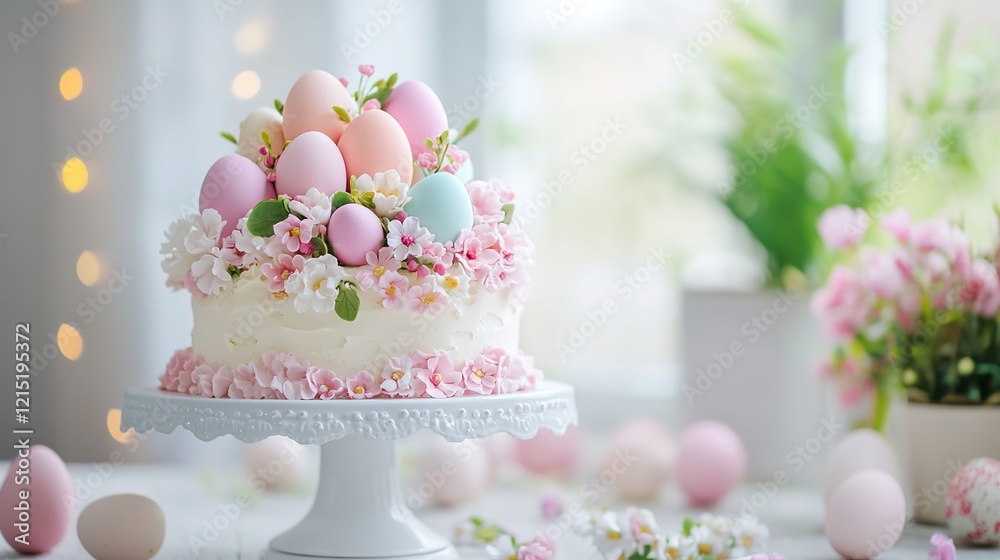 Easter cake with decorated eggs and flowers on a white stand, an Easter concept in pastel colors. Easter cake with decorated eggs and flowers on a white stand, an Easter concept in pastel colors.