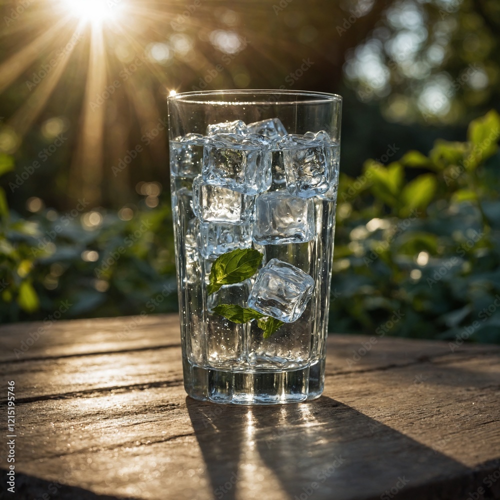 A glass of sparkling water with ice cubes, sunlight reflecting off the surface, blurred garden behind. A glass of sparkling water with ice cubes, sunlight reflecting off the surface, blurred garden behind.