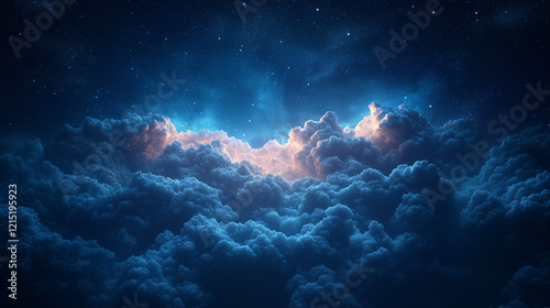 Fluffy volumetric clouds at night against a dark blue sky starry background.