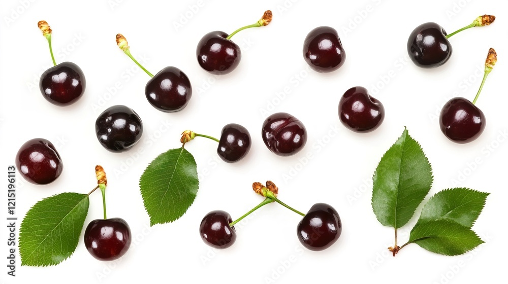 Fresh Cherries with Green Leaves on a White Background Fresh Cherries with Green Leaves on a White Background