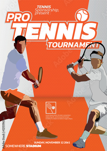 Tennis Tournament poster with sporty style, featuring two tennis players chasing a ball, with an orange background, is very elegant for a sporty, active and dynamic sports poster.