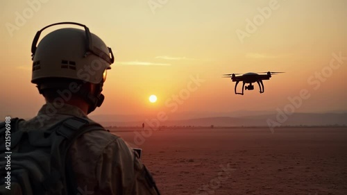 Soldier operates drone at sunset in desert terrain while observing surroundings and conducting reconnaissance