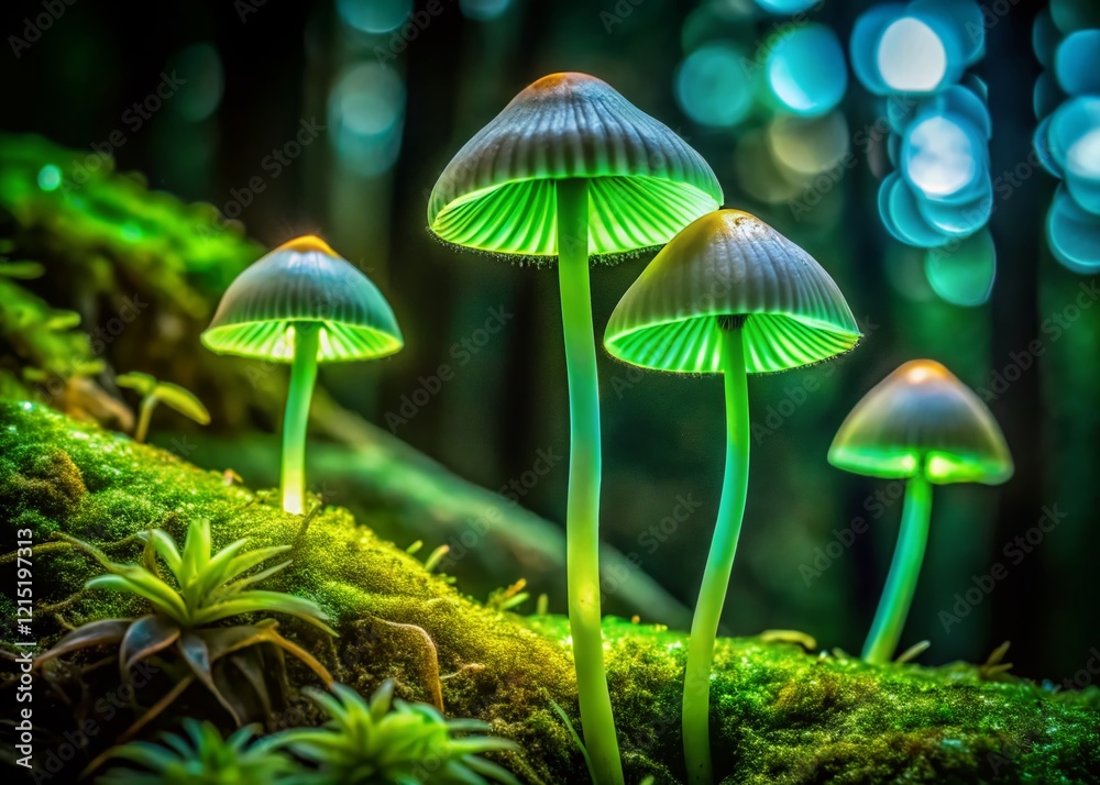 Luminescent Mycena Chlorophos Mushroom Macro Photography - Tropical Rainforest Night Luminescent Mycena Chlorophos Mushroom Macro Photography - Tropical Rainforest Night