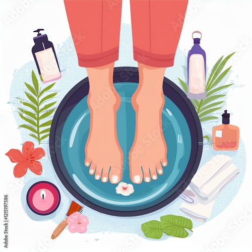 Female feet at bath with water during pedicure aroma vector flat illustration. Woman foot beauty care procedure surrounded by cosmetology tools. Hygiene spa relax process