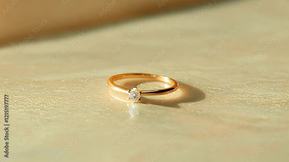 Golden ring with diamond on soft surface for elegance, love and luxury. Simple yet sophisticated design in bright light for romance and timeless beauty Golden ring with diamond on soft surface for elegance, love and luxury. Simple yet sophisticated design in bright light for romance and timeless beauty