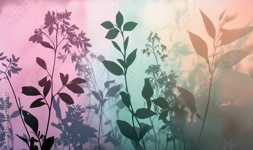 Silhouetted plant shadows on gradient background, soft, dreamlike feel.