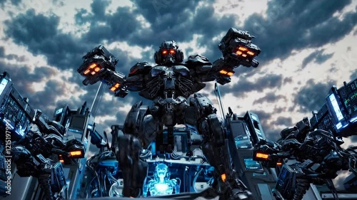 Advanced Robotic Entities, Humanoid Mechanoids with Armor Plates, in Industrial Backdrop, for Tech Promotion