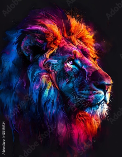 Majestic lion portrait in vibrant neon colors featuring dramatic blue, orange, and pink hues against black background, perfect for modern wall art and creative design projects. photo