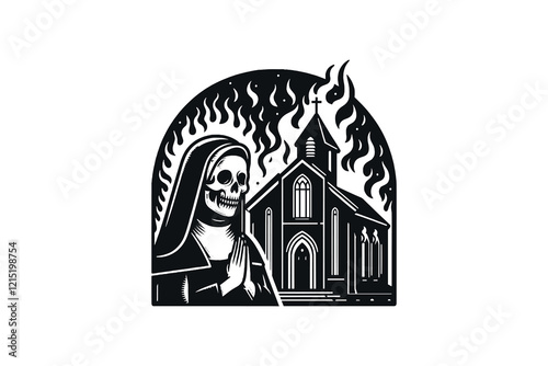 Gothic church in flames with praying skull nun, black vintage vector art
