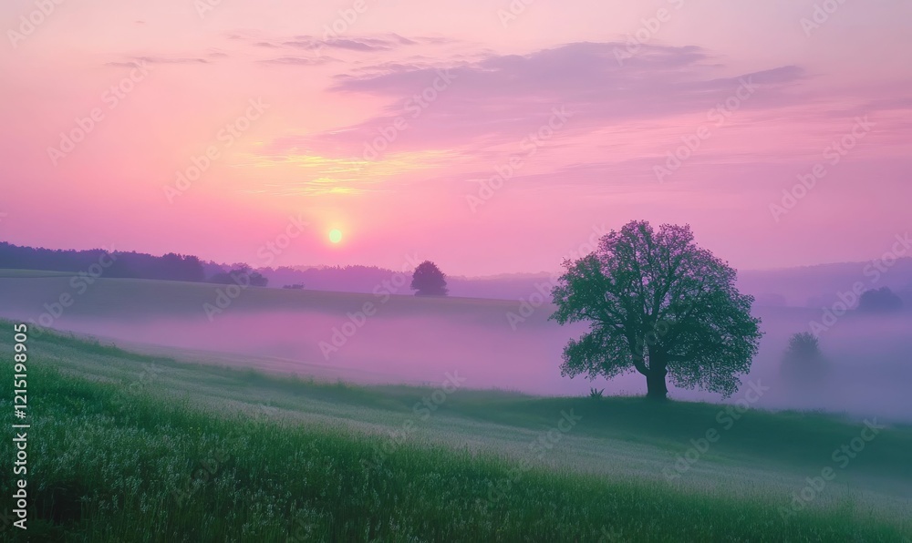 Sunrise over misty fields, lone tree in foreground. Sunrise over misty fields, lone tree in foreground.