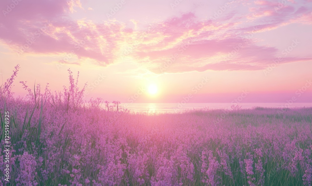Fototapeta premium Pink flower field, sun setting over the ocean.
