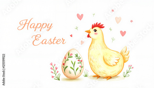 Easter chicken with decorated egg and floral elements