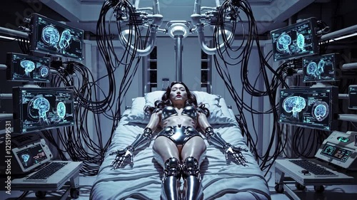 Cyborg Patient on Hi-Tech Bed in Futuristic Medical Facility, Wearing Mechanized Suit and Hooked to Advanced Monitoring Devices for Neurological Observation
