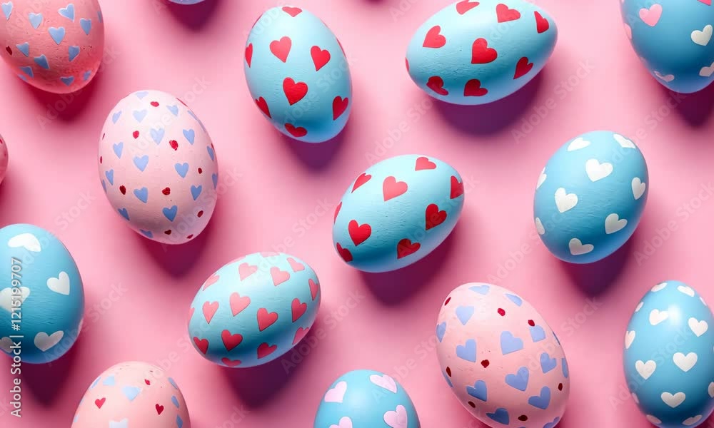 Collection of Precisely organized Eggs with Heart Patterns. Pink and Blue Easter Background. Collection of Precisely organized Eggs with Heart Patterns. Pink and Blue Easter Background.