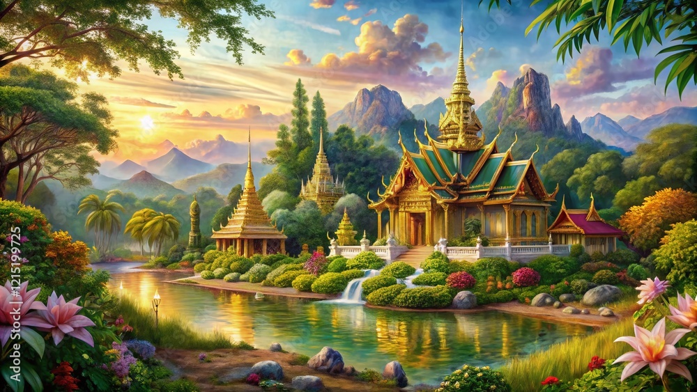 Obraz premium Panoramic Thai Painting Landscape: Vibrant Colors & Intricate Details