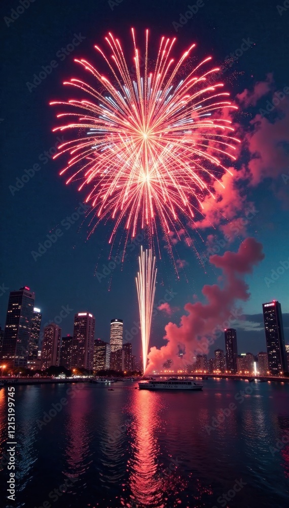 Fireworks exploding above glittery cityscape with bright lights and colorful sparks, glitter, bright lights, colorful sparks Fireworks exploding above glittery cityscape with bright lights and colorful sparks, glitter, bright lights, colorful sparks