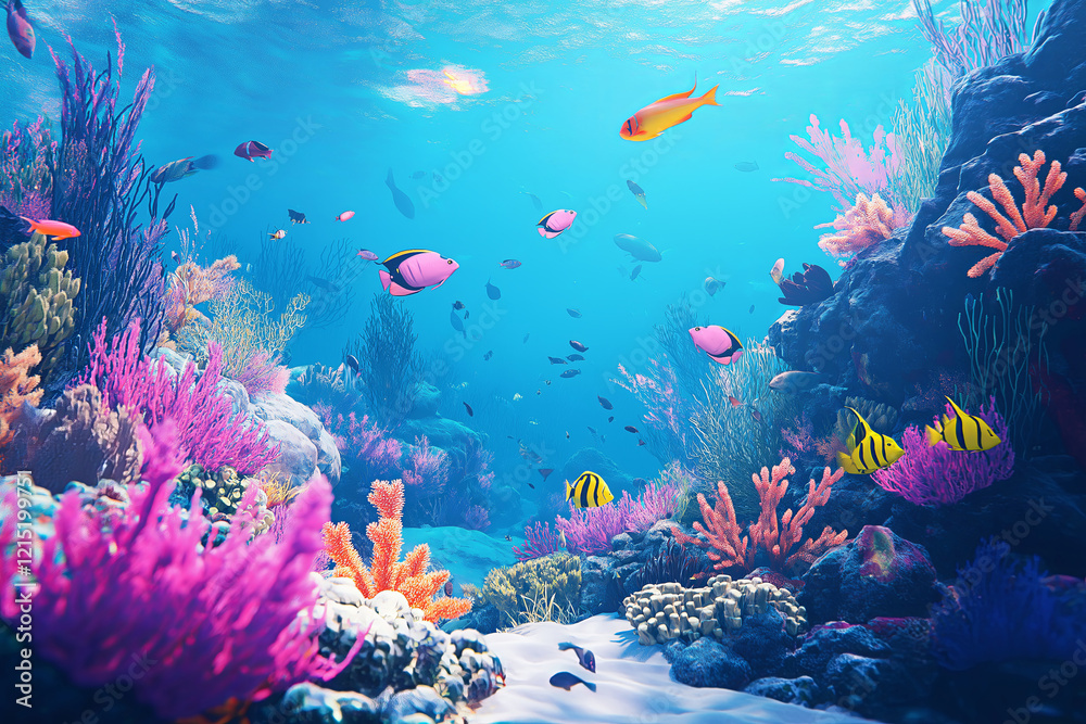 Naklejka premium A vibrant underwater scene filled with exotic fish and coral reefs. 