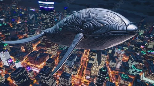Futuristic Whale-Vehicle, Cybernetic Marine Mammal Design, Urban Cityscape Backdrop, Advertising or Sci-Fi Concept