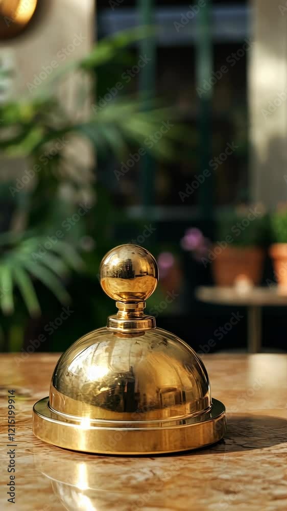 Elegant brass bell on a wooden table in a charming café with greenery in the background during daylight Elegant brass bell on a wooden table in a charming café with greenery in the background during daylight