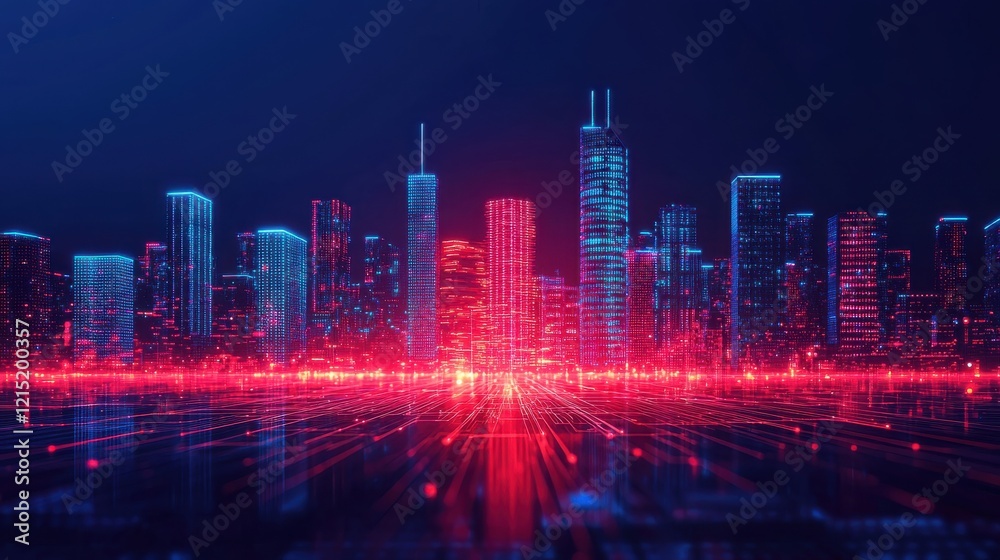 Fototapeta premium A futuristic city skyline illuminated with vibrant blue and red lights, creating a digital and cybernetic atmosphere.