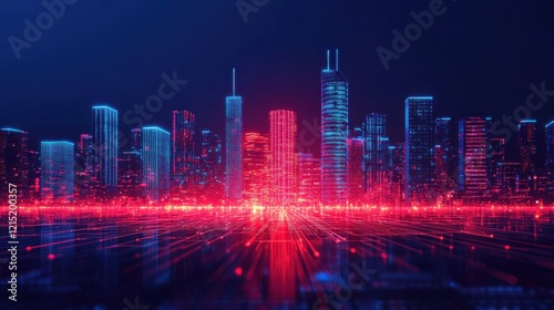 Wallpaper Mural A futuristic city skyline illuminated with vibrant blue and red lights, creating a digital and cybernetic atmosphere. Torontodigital.ca