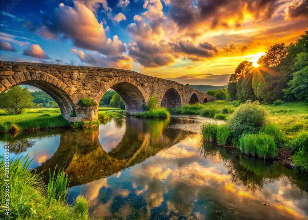 Panoramic View: Ancient Stone Bridge Arching Over Calm River Landscape Panoramic View: Ancient Stone Bridge Arching Over Calm River Landscape