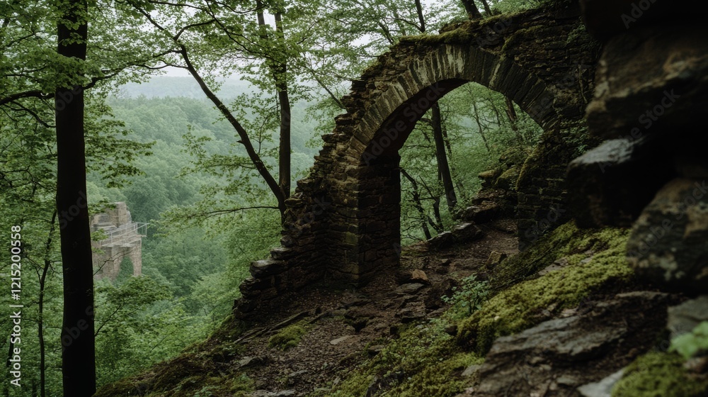 A weathered stone archway amidst lush, dense greenery, evoking a sense of history and mystery. A weathered stone archway amidst lush, dense greenery, evoking a sense of history and mystery.