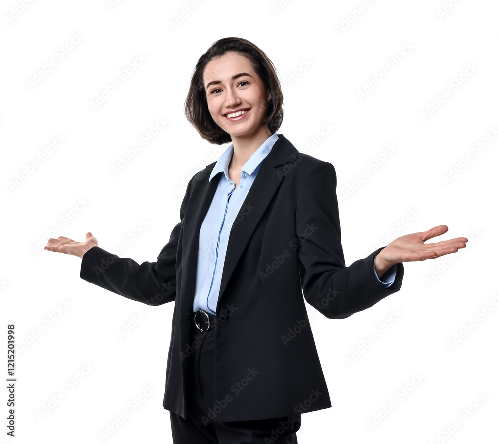 Happy businesswoman welcoming clients or partners on white background Happy businesswoman welcoming clients or partners on white background