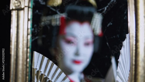 Traditional Japanese Geisha, Tear Makeup, Mirror Reflection, Indoor Setting for Artistic Expression or Cultural Representation