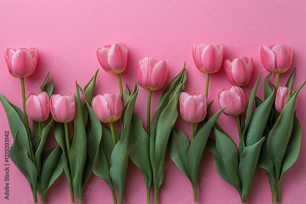 Fototapeta premium Beautiful composition spring flowers. Bouquet of pink tulips flowers on pastel pink background. Valentine's Day, Easter, Birthday, Happy Women's Day, Mother's Day. Flat lay, top view, copy space