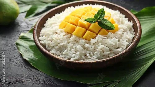 A bowl of sticky rice topped with ripe mango and garnished with mint leaves.