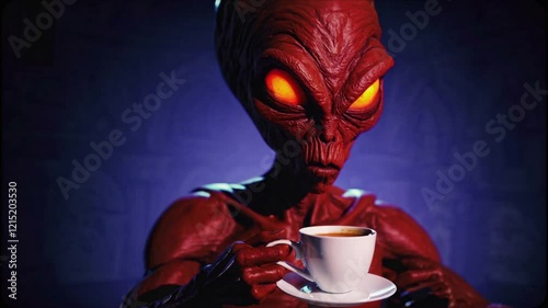 Red-Eyed Alien Character, Textured Red Skin, Prominent Forehead Ridge, Greenish Background, Holding White Cup, Bipedal Mobility, Science Fiction Theme