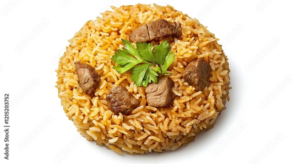 Savory Rice Dish with Tender Beef and Fresh Herb Garnish Savory Rice Dish with Tender Beef and Fresh Herb Garnish