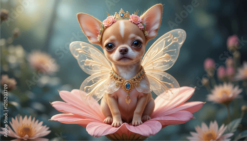 Adorable Chihuahua Wearing a Fairy Costume Sitting Gracefully on a Flower Petal in a Magical and Wonderfully Detailed Vector Illustration Style