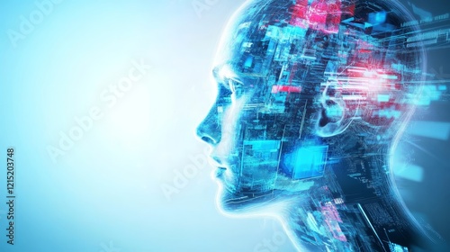 Digital Mind: Artificial Intelligence Concept - Abstract image of a futuristic human head with integrated digital circuitry, symbolizing AI and technological advancement.