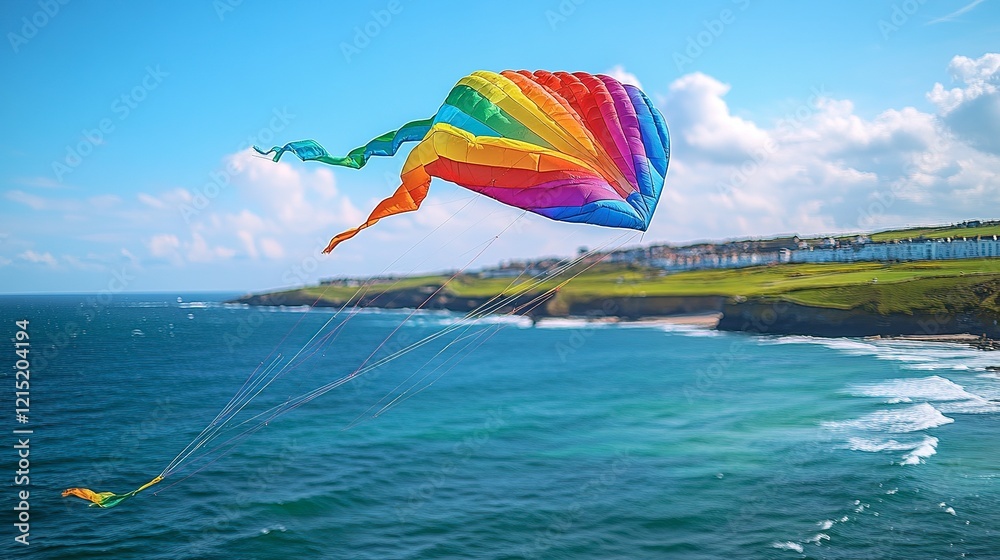 Rainbow Kite Soaring Above Ocean Coastline Rainbow Kite Soaring Above Ocean Coastline