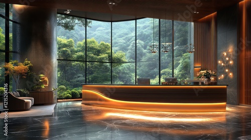 Luxury hotel lobby reception, jungle view