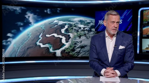 Person Sitting at News Desk, Suit and Tie with Earth and Mars Backdrop, High-Tech Newsroom