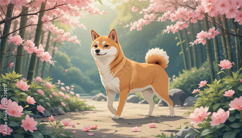 Shiba Inu Walking Curiously Through a Serene Japanese Garden Filled with Cherry Blossoms and Bamboo in an Elegant and Delicate Vector Illustration Style
