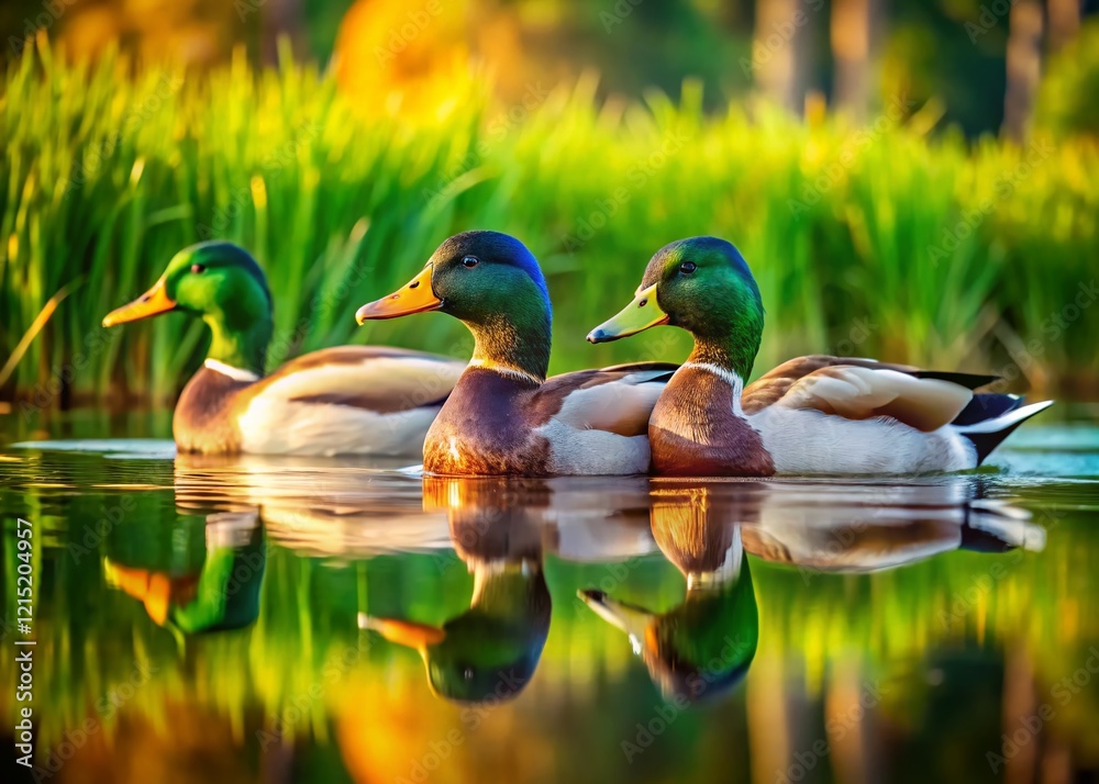 Fototapeta premium Panoramic View of Three Mallard Ducks Swimming Away, Tails Up, Green Pond Reflection