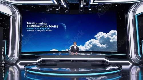 Live Television Broadcast Set with Cosmic Backdrop, Modern Blue and Gray Tones, Discussing Telecommunication Advancements in the 2020s