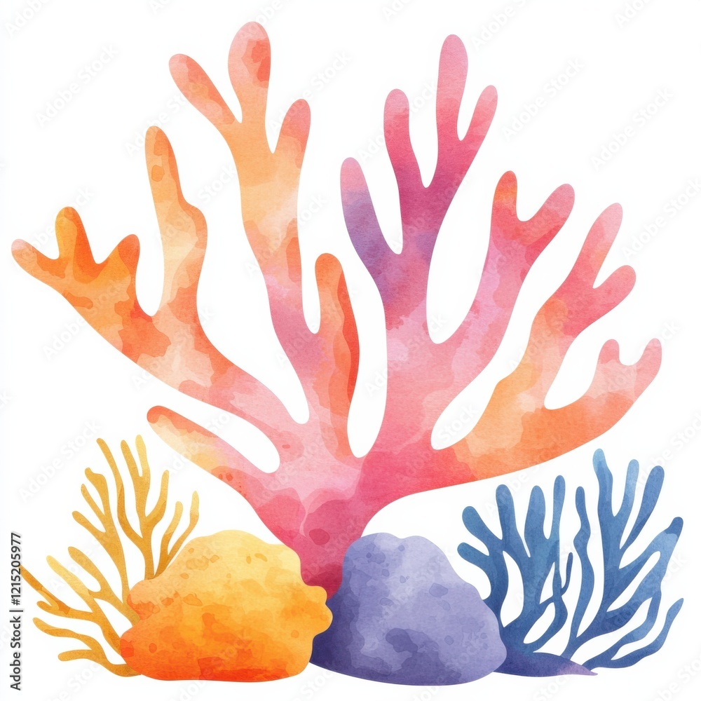Obraz premium Vibrant watercolor coral reef scene underwater art illustration ocean close-up marine life awareness, isolated on white background