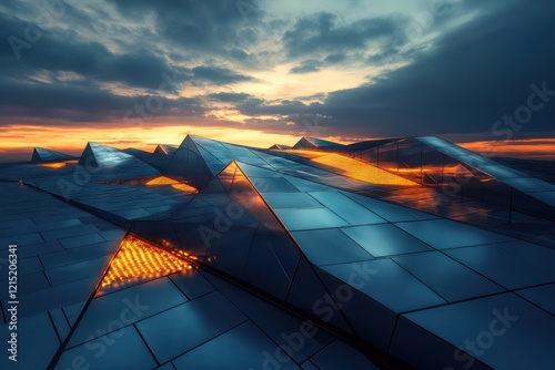 A mesmerizing rooftop with glowing tiles and angular metallic structures under a dusky sky photo