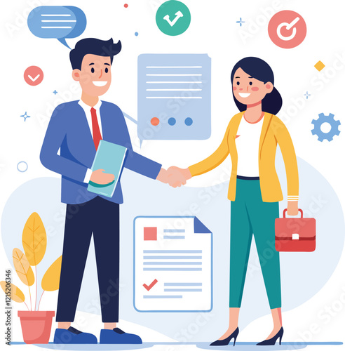 People shaking hands at work - Two businesspeople, man and woman doing handshake in office at work while smiling over business agreement and deal. Flat design stock illustration on white background